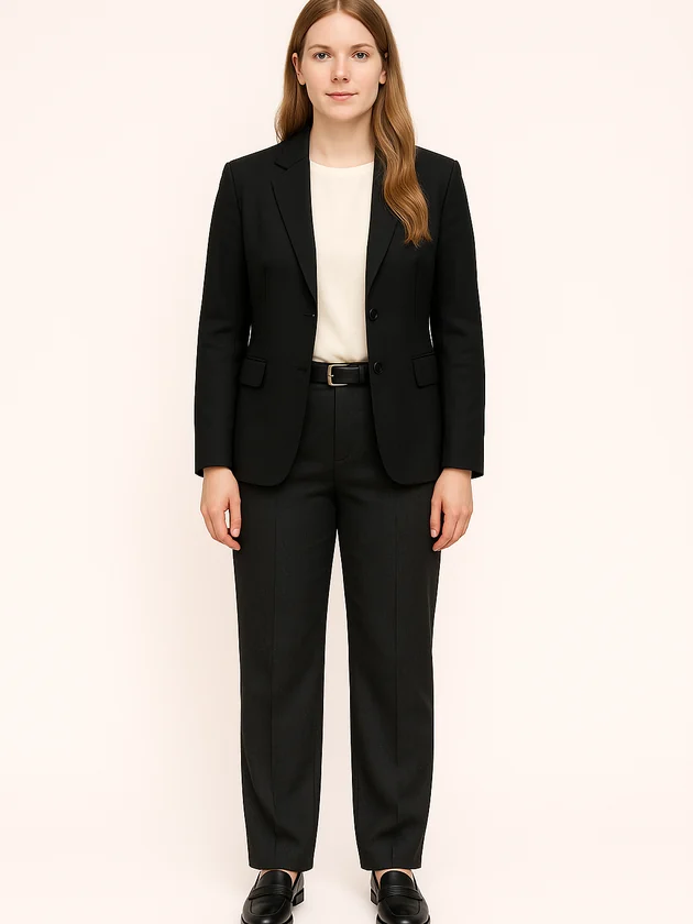 A Fit Twin wearing a black tailored blazer, ivory top and black trousers