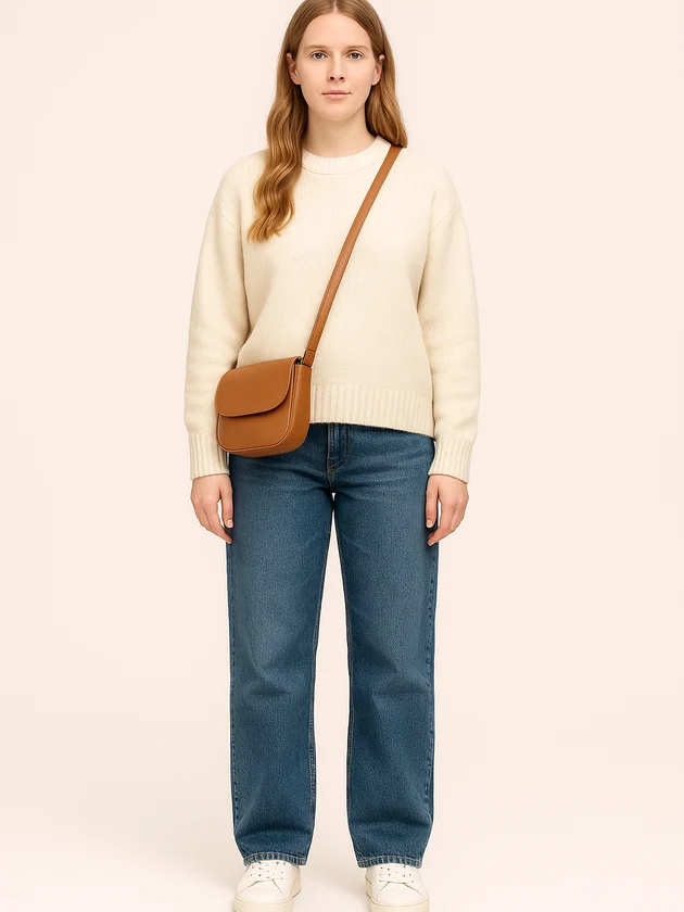 A Fit Twin wearing a cream knit jumper, blue jeans and a tan crossbody bag