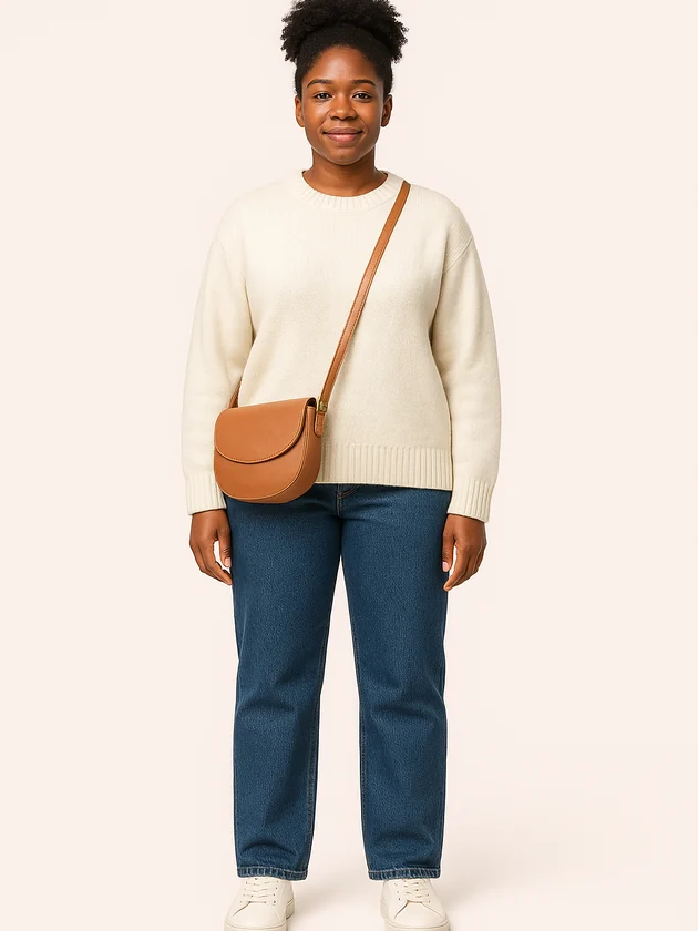 A Fit Twin with deep skin and an updo, wearing the same weekend outfit